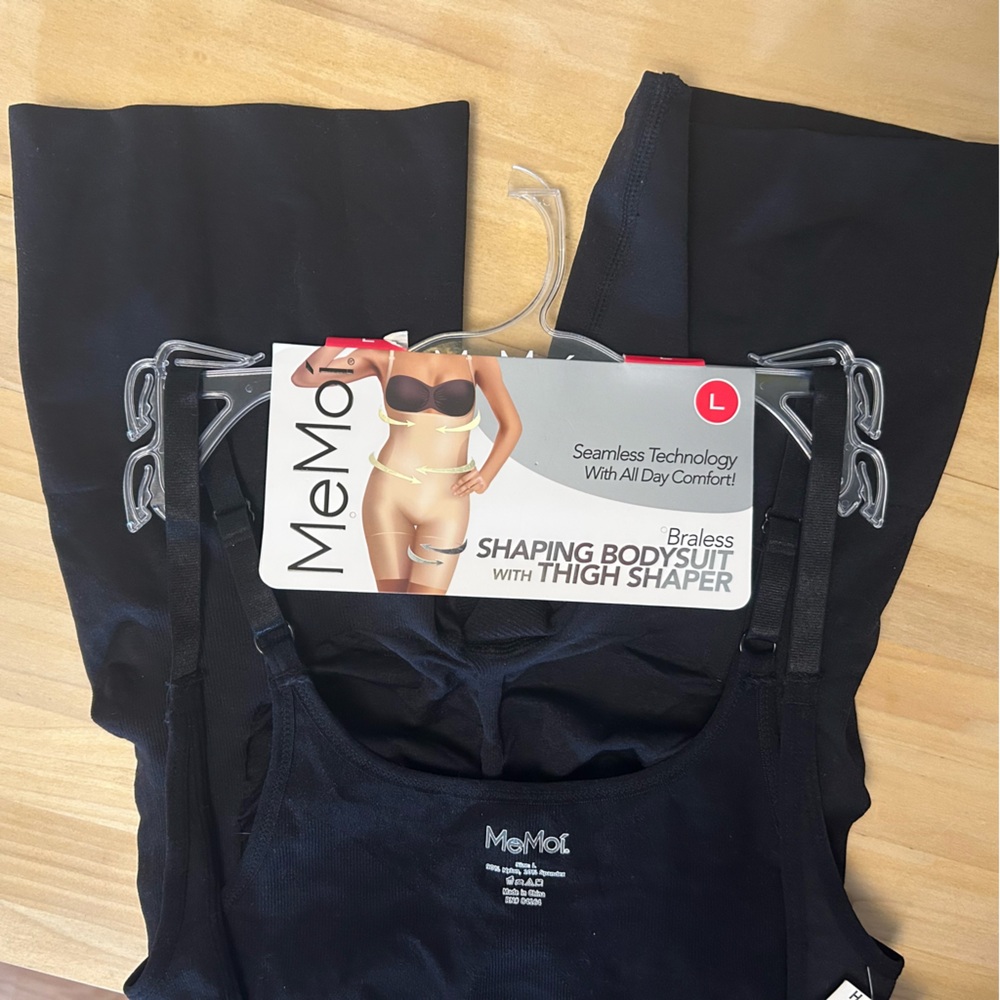 MeMoi Black Women's Braless Smoothing High Back Shaping Bodysuit w/Thigh Shaper